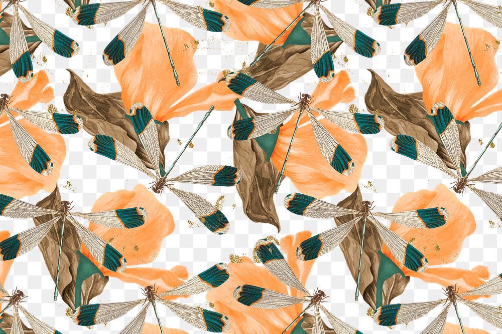 Dragonfly and leaf abstract pattern png, vintage remix from The Naturalist's Miscellany by George Shaw