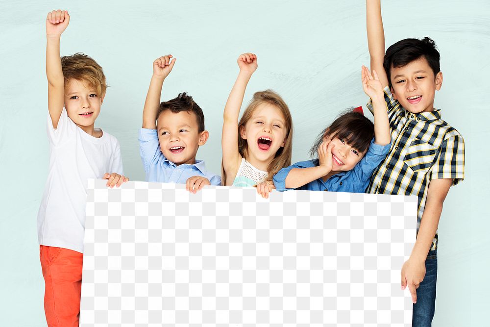 Little kids cheering while holding a mockup board