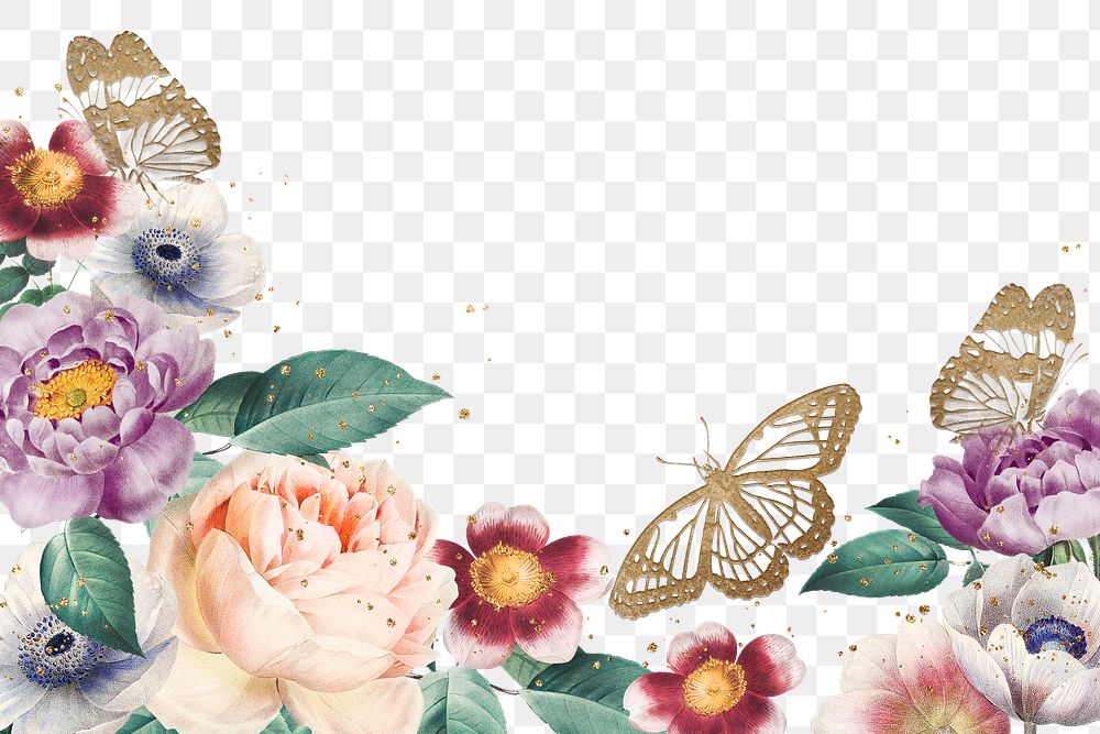 Elegant flowers png butterfly decorated border watercolor illutration