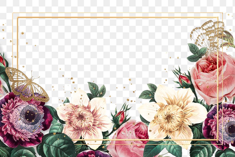 Elegant summer png flowers gold frame watercolor illustration