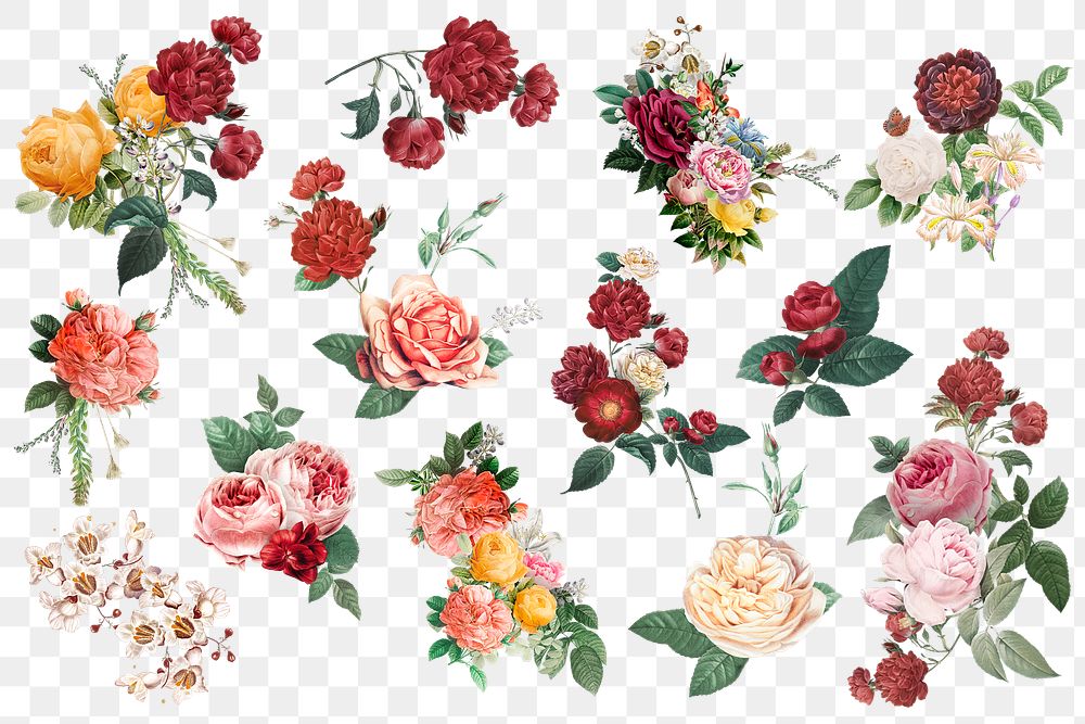 Vintage flowers png colorful watercolor stickers collection