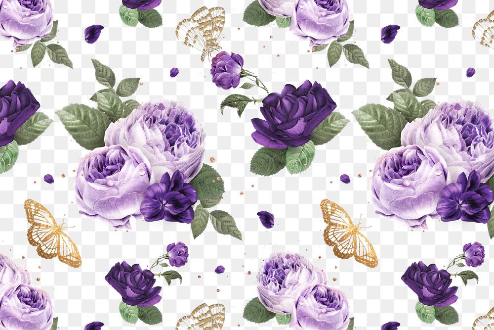 Purple roses png butterfly decorated watercolor pattern