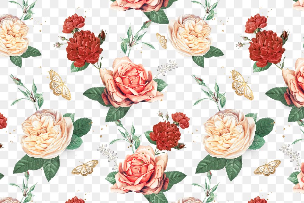Elegant roses Valentines pattern png transparent background