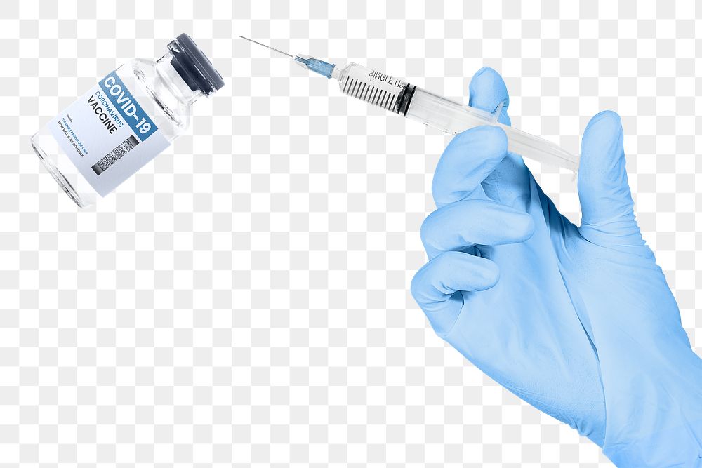 Hand holding png syringe and vaccine vial