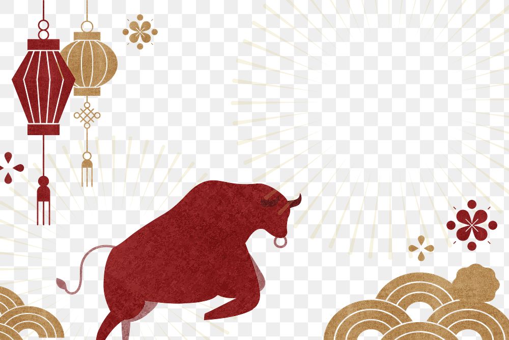 Ox pattern golden red border png for Chinese New Year