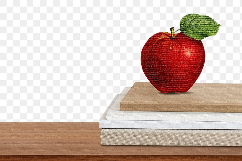 Png apple on book stack transparent background