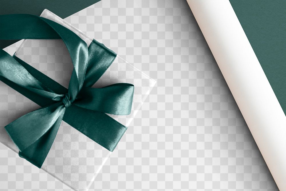 Png transparent gift wrap mockup with dark green ribbon