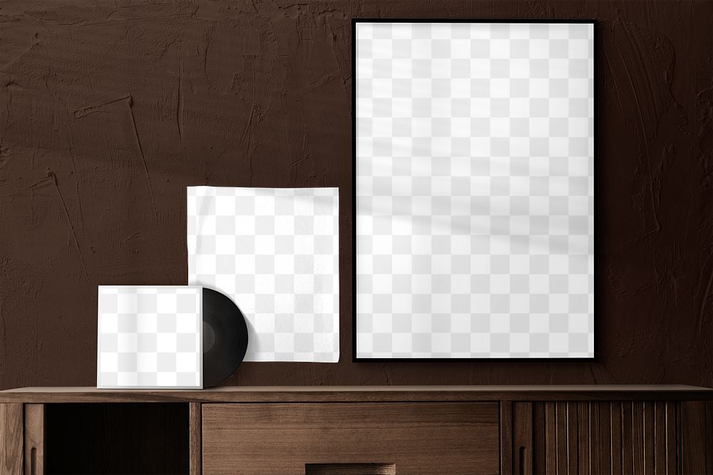 Png transparent frame, poster, and vinyl mockup on brown wall