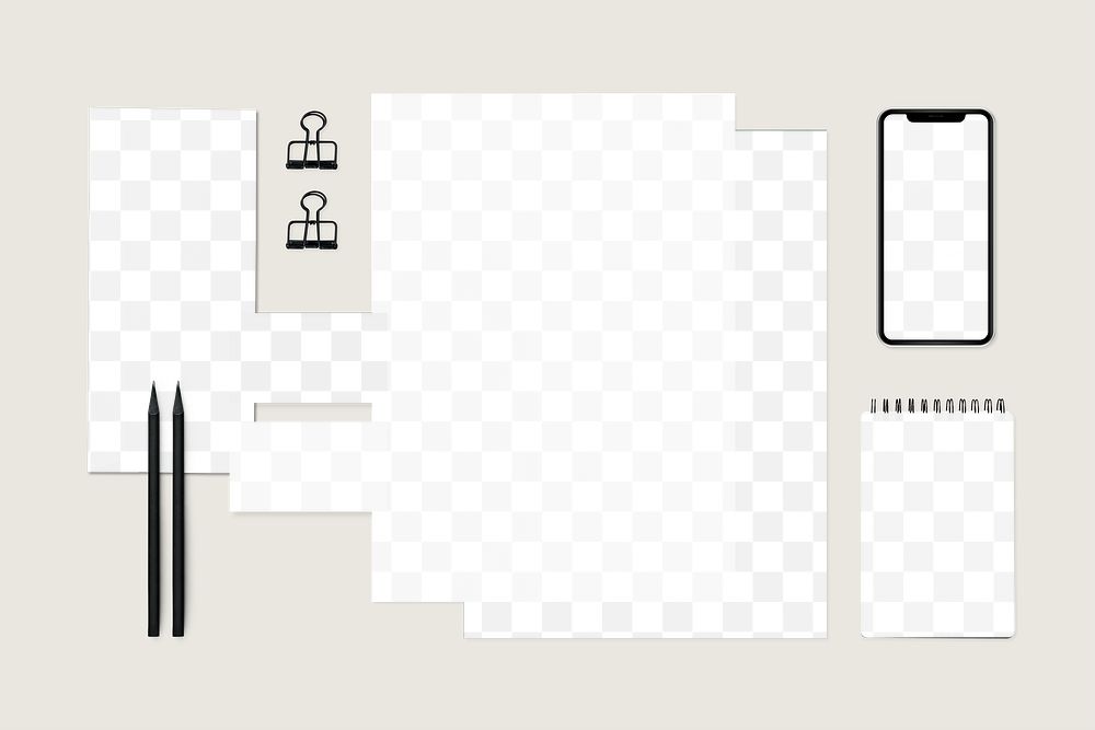 Png transparent stationery set mockup with a mobile phone