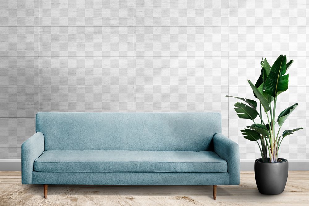 Wall transparent mockup png with blue sofa in living room