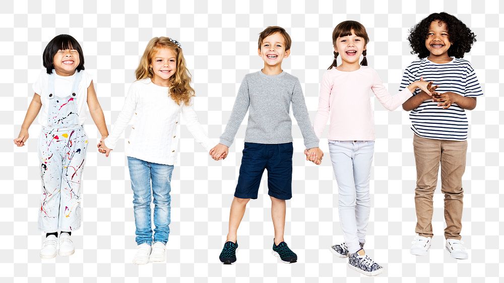 Children holding hands png clipart, front view, transparent background
