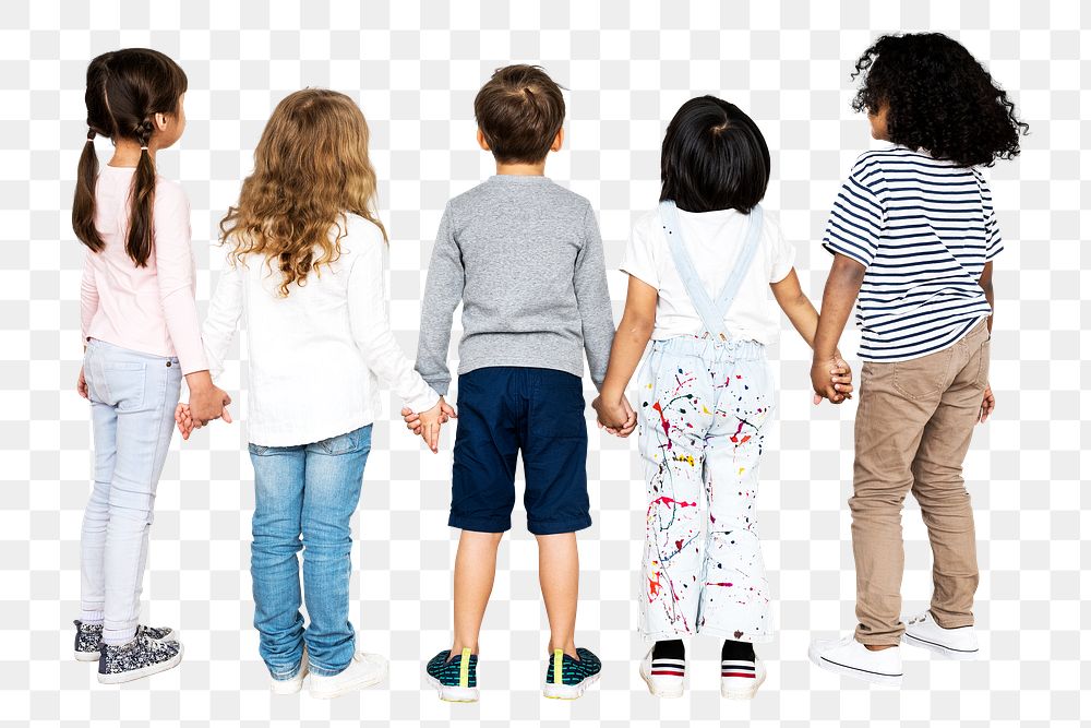 Children holding hands png clipart, together, back view, transparent background