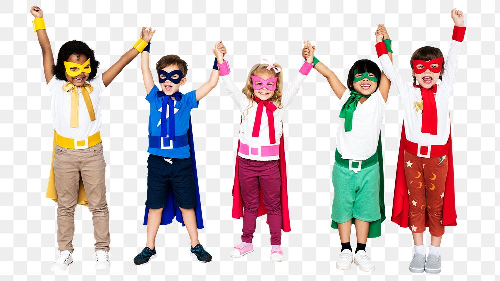 Superhero kids png clipart, raising hands, transparent background