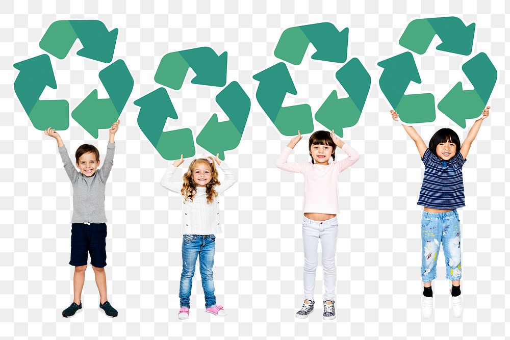 Png children holding recycle symbol, sustainable living, transparent background