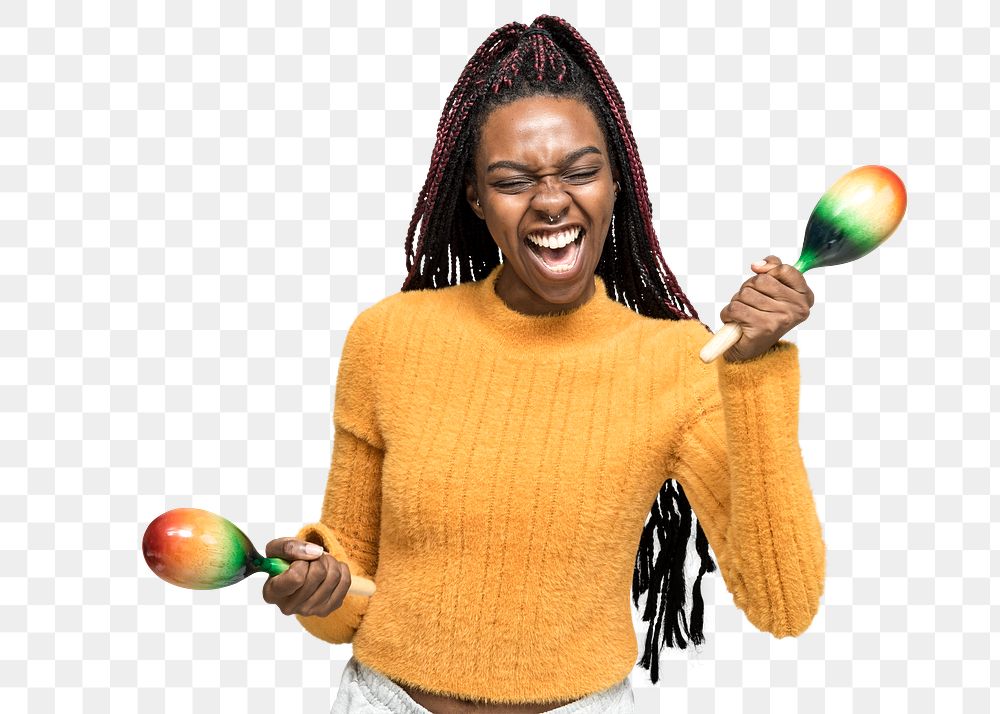 Cheerful black woman enjoying maracas mockup