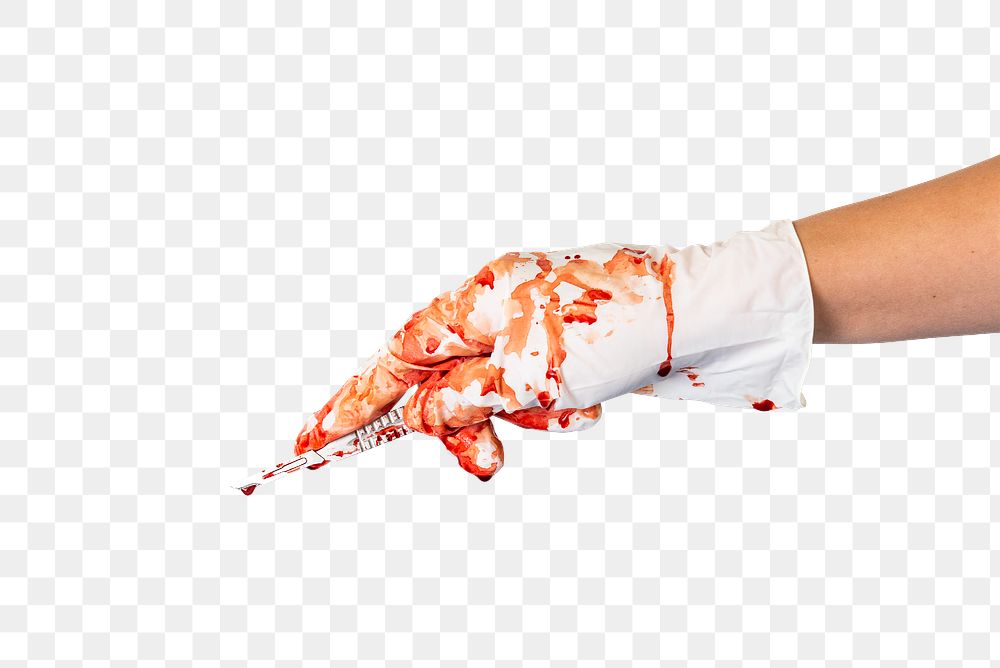 Doctor bloody hand in a glove holding a scalpel  transparent png