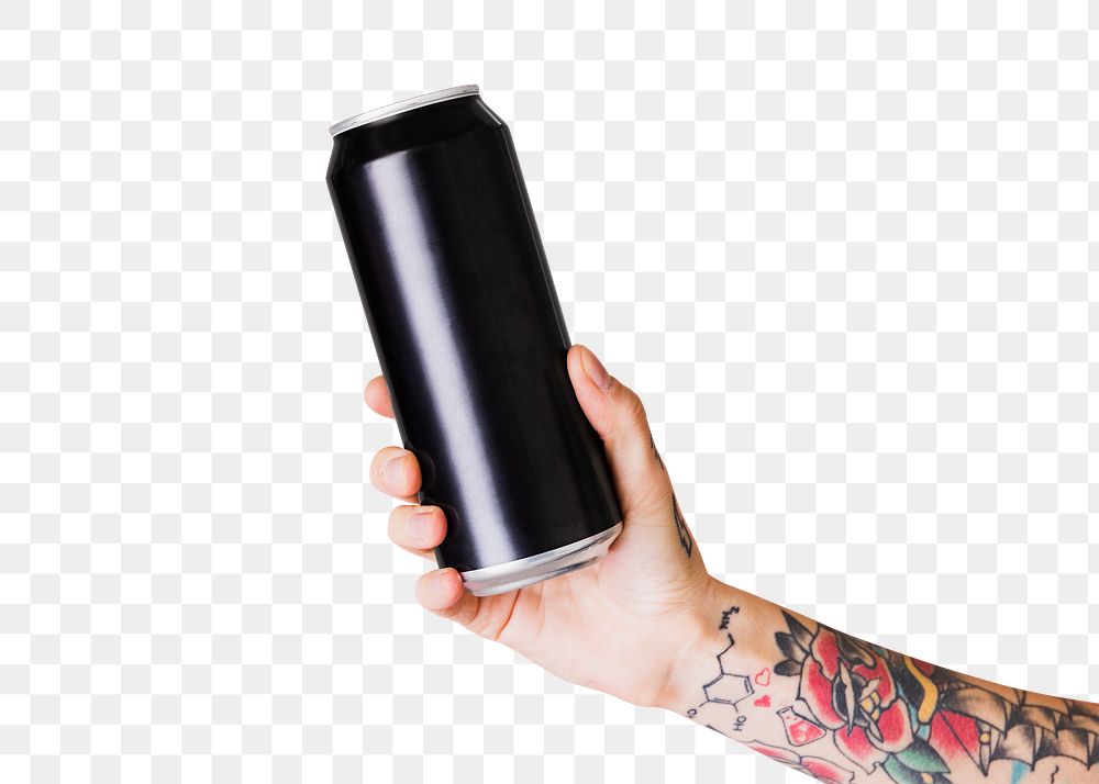 Hand holding a black aluminum can transparent png