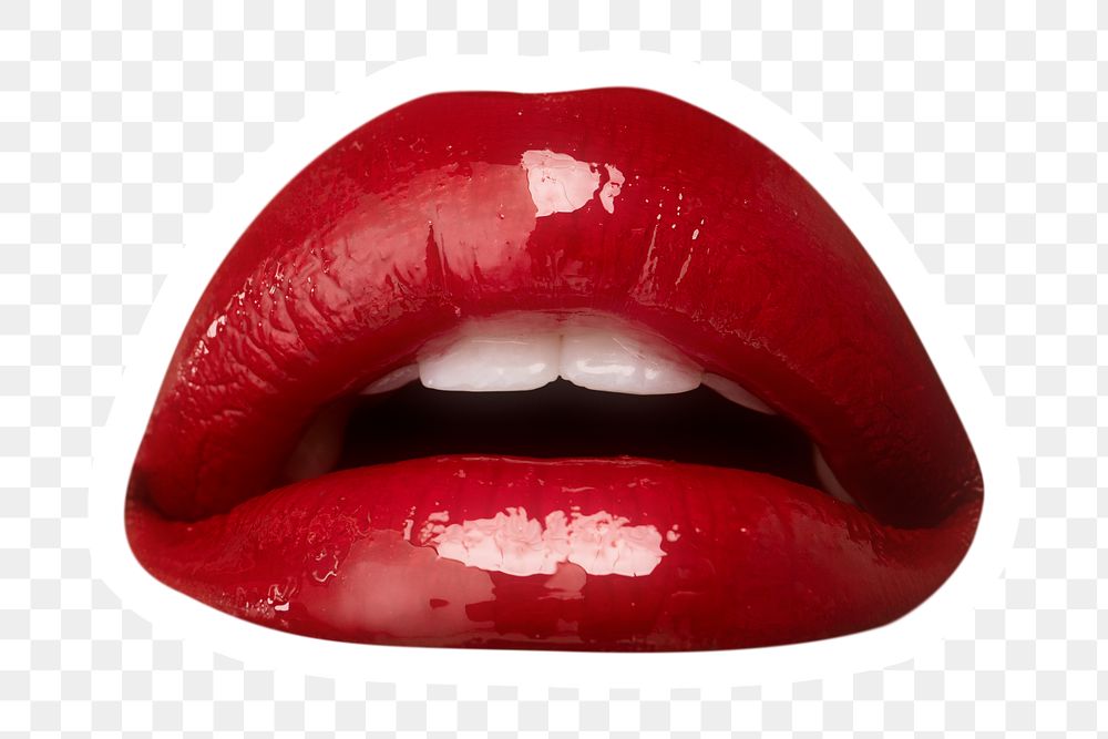 Red glossy lips sticker overlay with a white border design element
