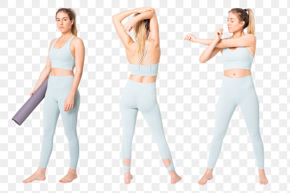 Yogi woman png mockup in blue sports bra and leggings with yoga mat