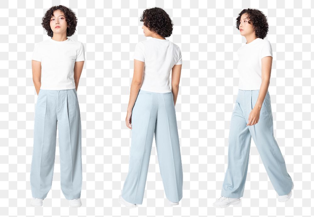 Woman png mockup in white tee and blue loose pants casual fashion