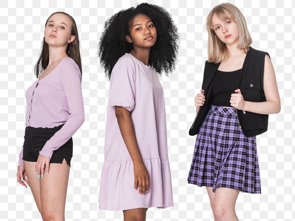 Png teenage girls mockup in purple stylish outfit grunge fashion photoshoot