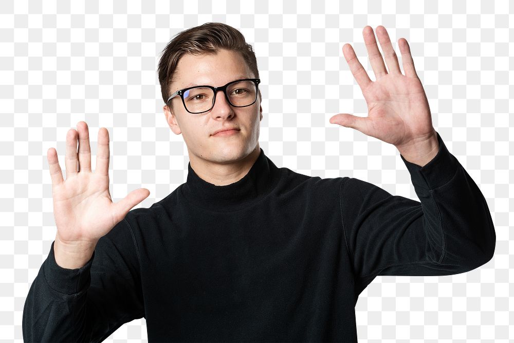 Man touching invisible screen png with both hands mockup
