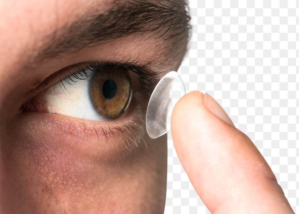 Man png mockup applying smart contact lens biometric technology
