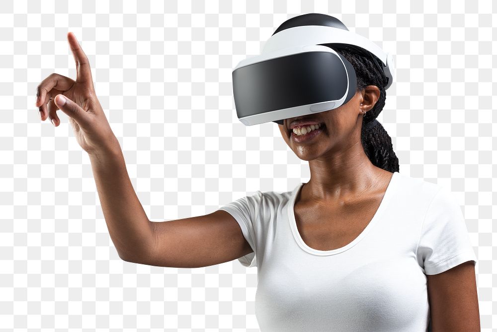 Woman with VR headset png touching invisible screen