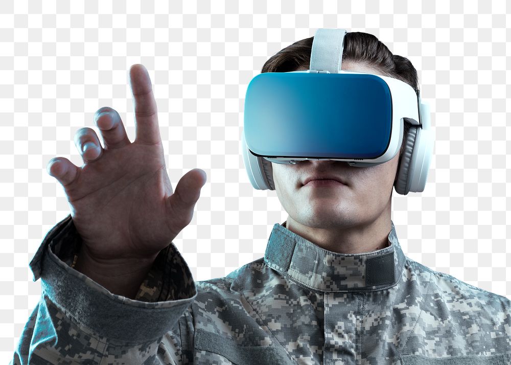 Military officer in VR headset touching virtual screen png mockup
