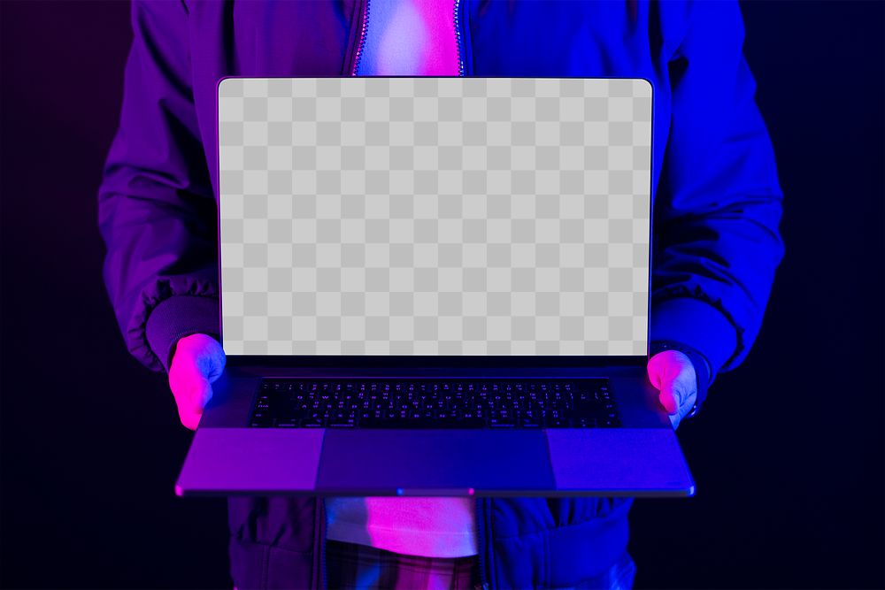 Businessman showing laptop screen png mockup