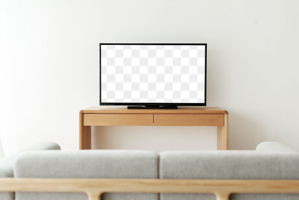 Smart TV png screen mockup on a wooden table