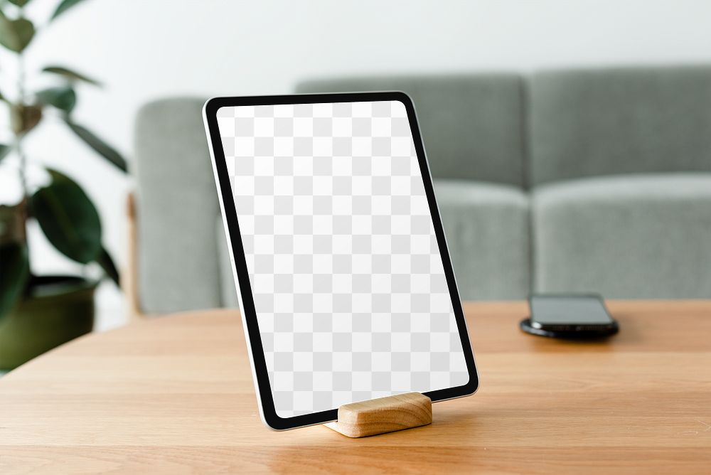 Digital tablet png screen mockup on a wooden table