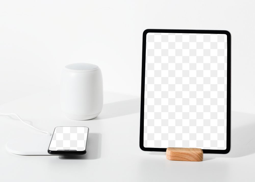 Tablet and phone png screen mockup next to voice assistant smart home technology