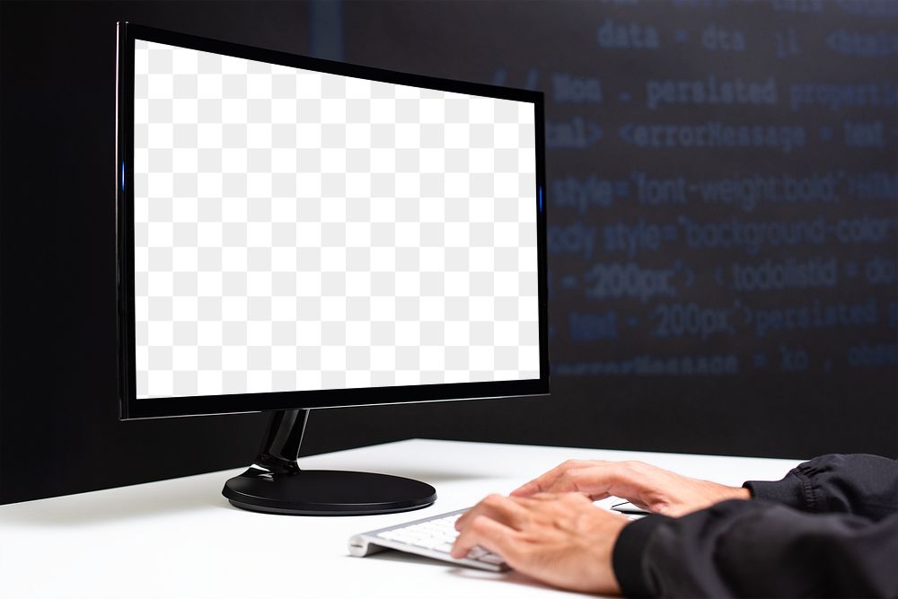 Web developer writing source code png computer screen mockup