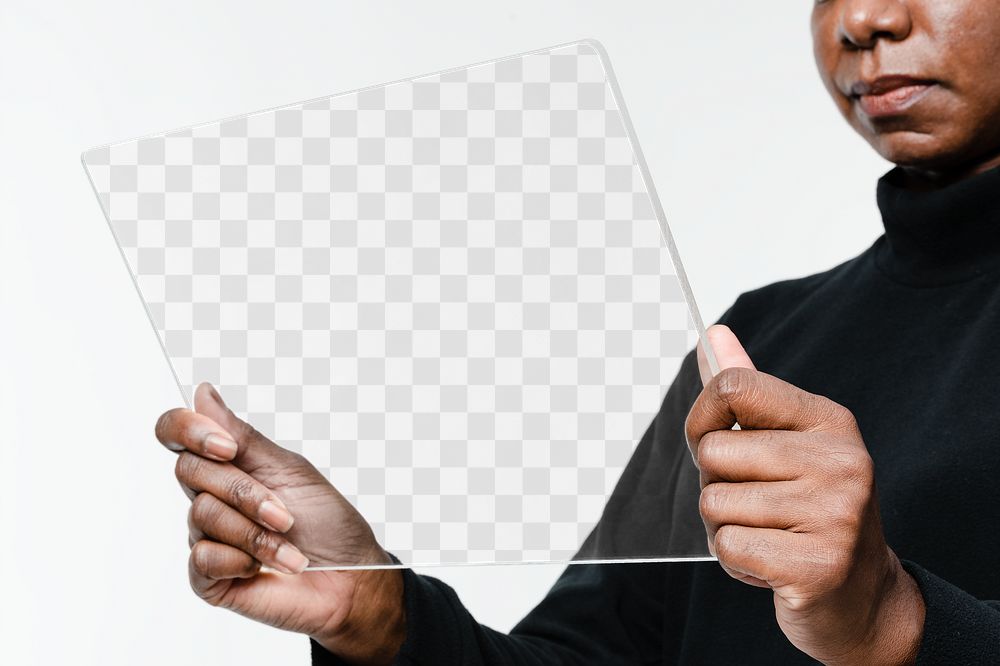 Transparent tablet png screen mockup with woman innovative technology