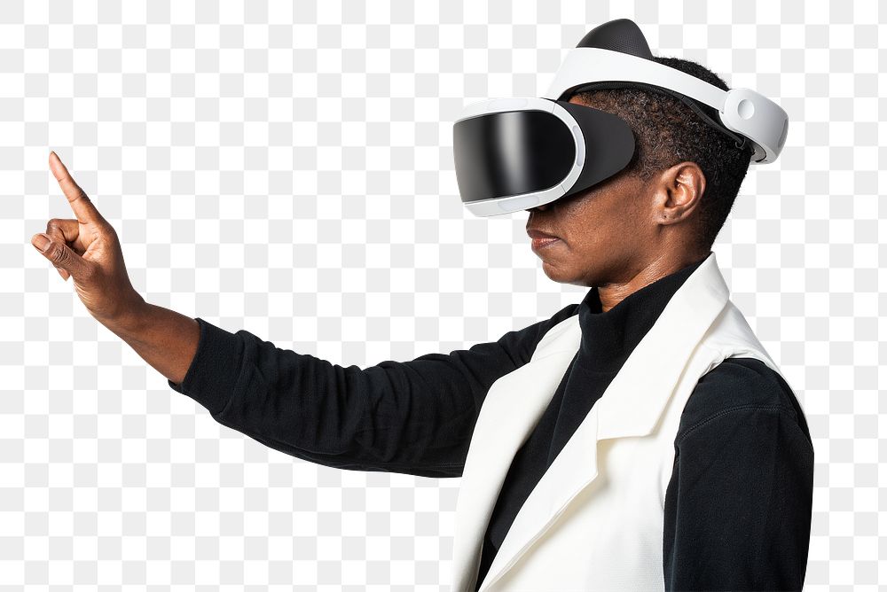 Entertainment technologies. Full length shot of an African American male student Flying and wearing a VR Headset isolated on White background. Put on Glasses and Headphones.