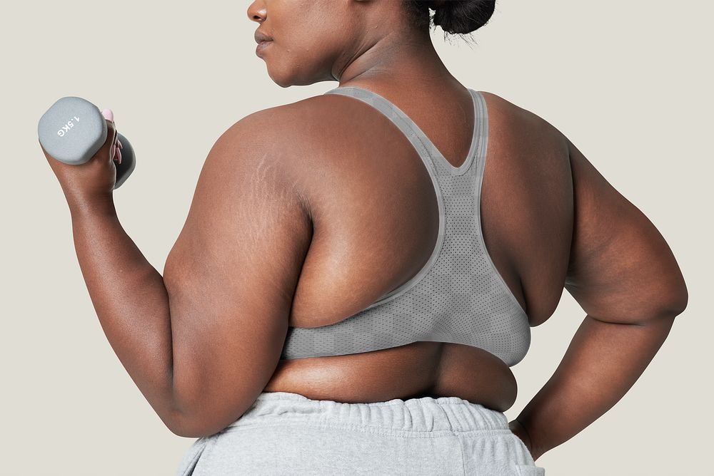 Curvy woman sportswear with dumbbell mockup png