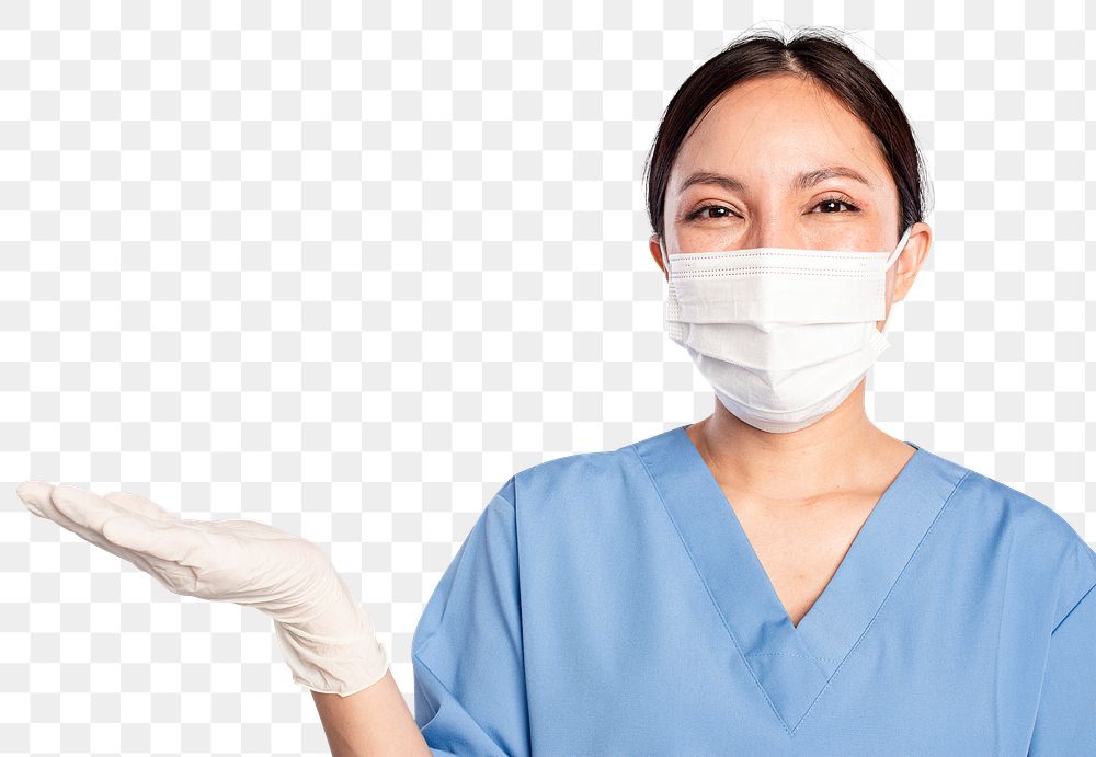 Female doctor png mockup with a presenting hand gesture