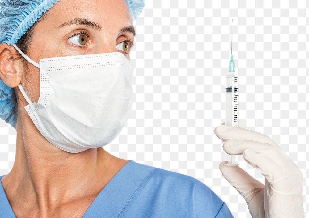 Female doctor png mockup holding a syringe