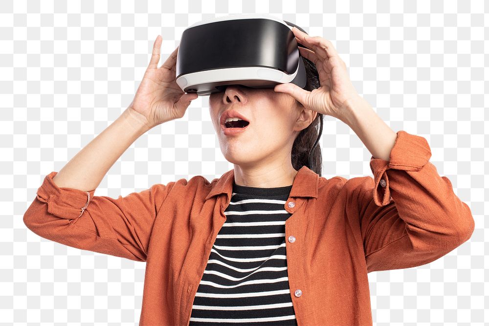 Woman png mockup experiencing VR entertainment technology