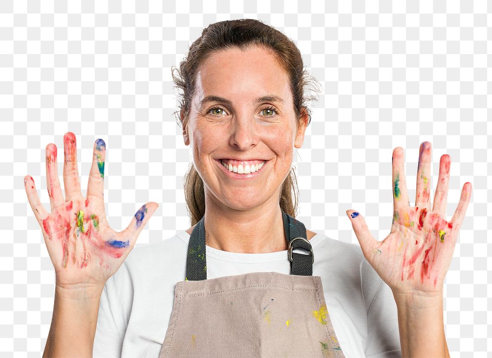 Female artist png mockup in an apron with messy hands