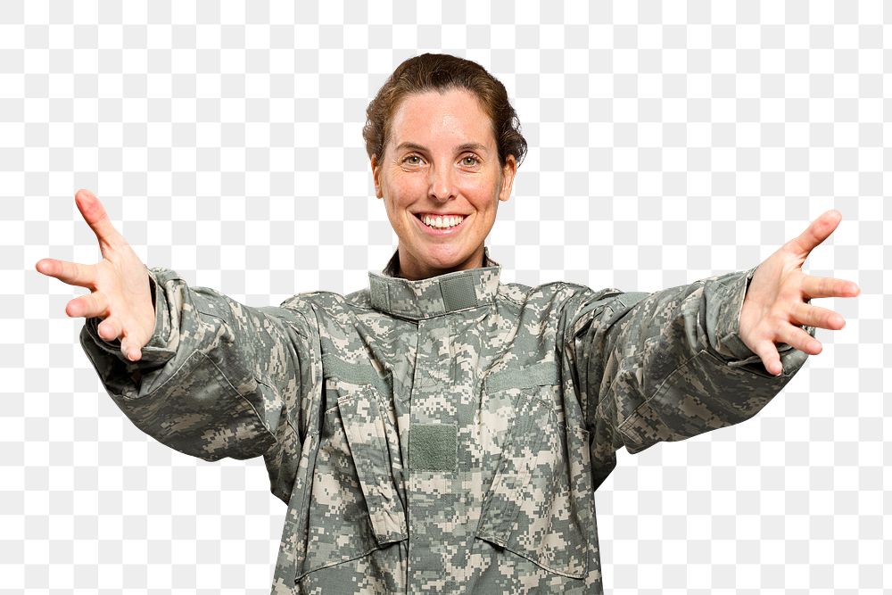 Female soldier png mockup reaching out her arms
