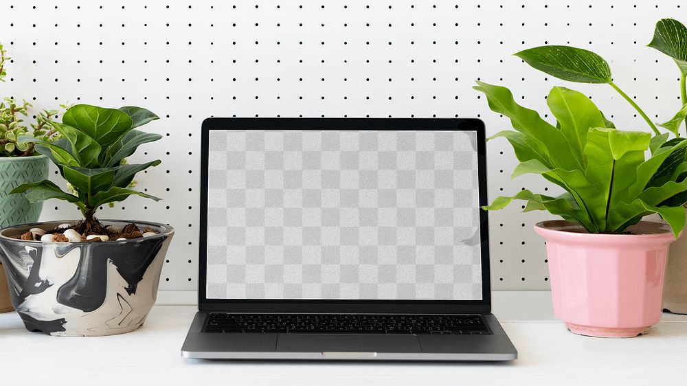Laptop png screen mockup on plant parent table home office