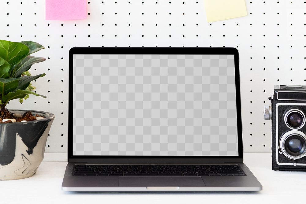 Laptop png screen mockup on plant parent table home office