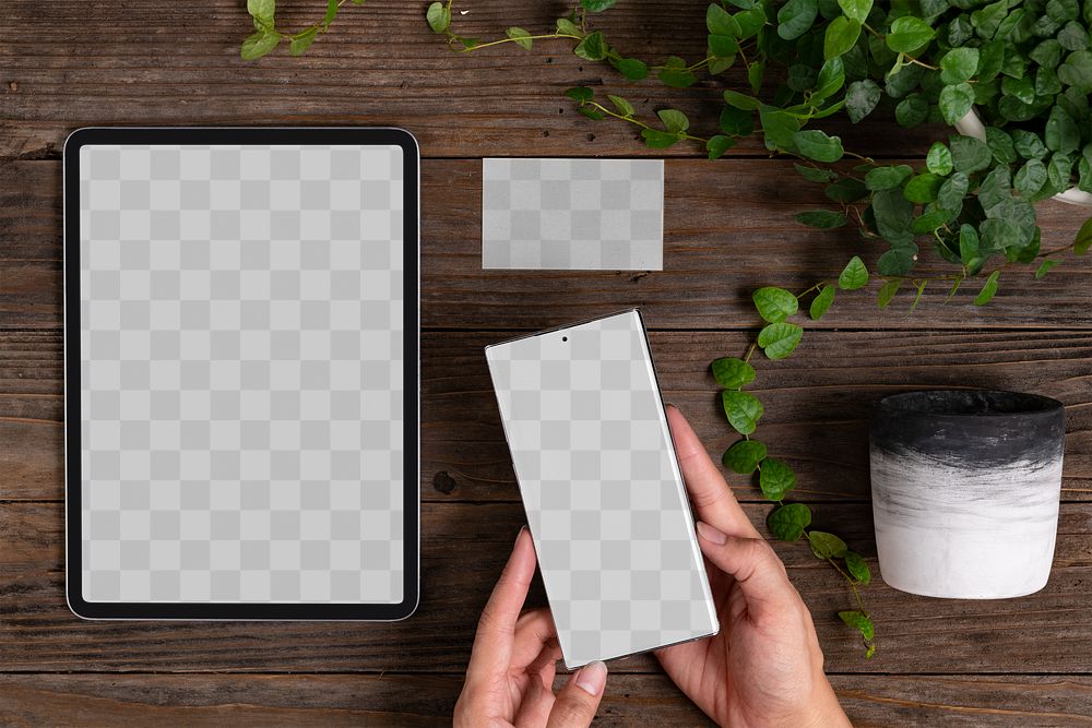 Device png screen mockup on plant parent table flat lay