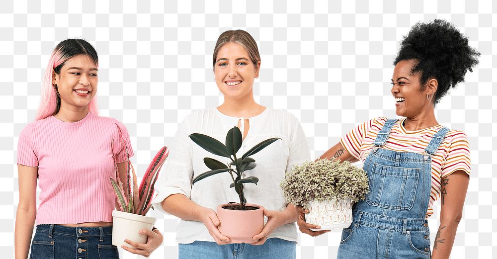 Png happy plant ladies mockup with potted houseplant
