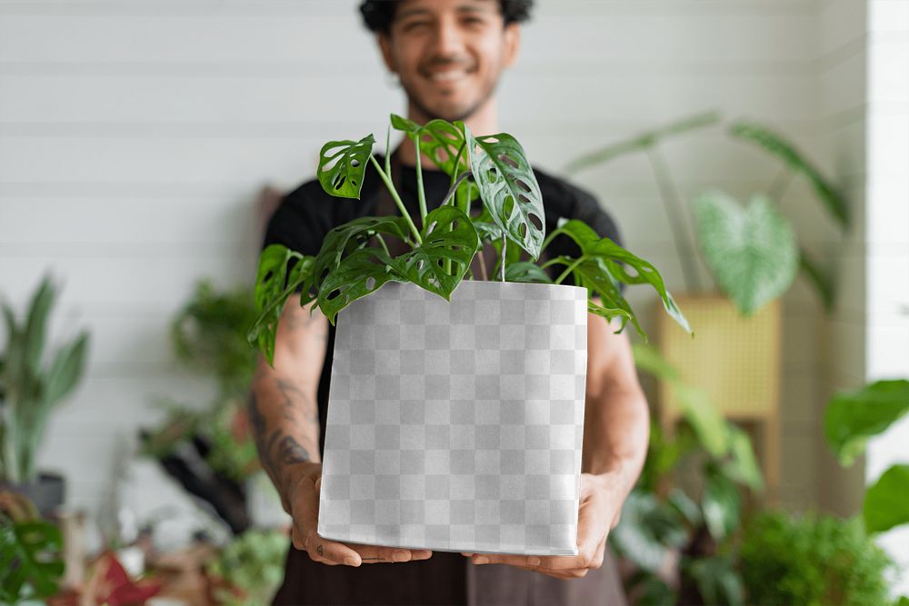 Png shopping bag mockup with plant inside eco-friendly shop