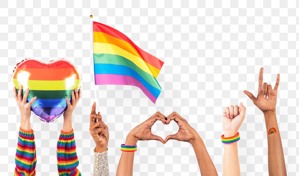 Png LGBTQ+ pride celebration mockup with hand and crowd cheering