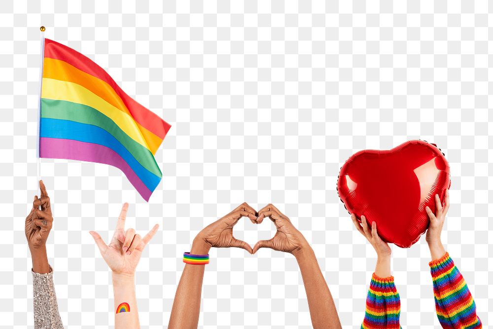 Png LGBTQ+ pride celebration mockup with hand and crowd cheering