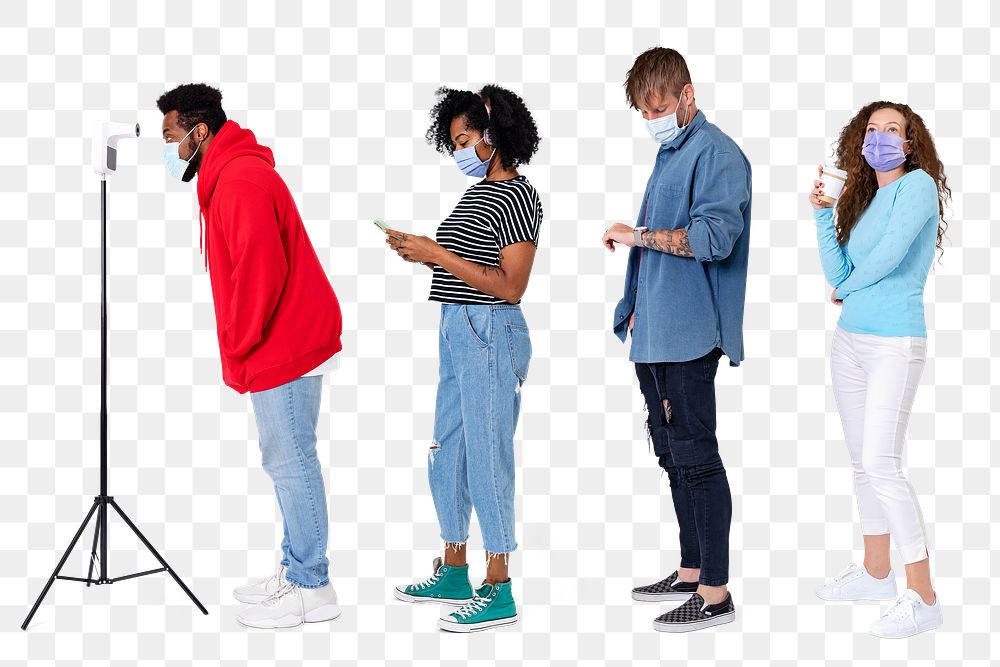 Png People screening temperature mockup and waiting in a queue new normal